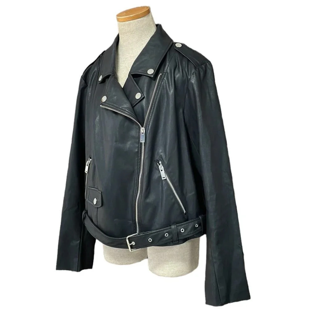 Eloquii Faux Leather Jacket Moto Zipper Belt Black Size 16